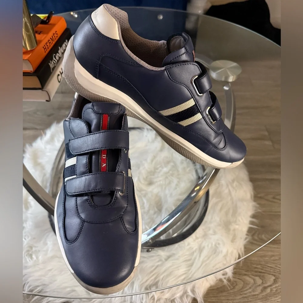 Prada Men's Navy Sneakers with White and Red Details - Picture 8 of 13